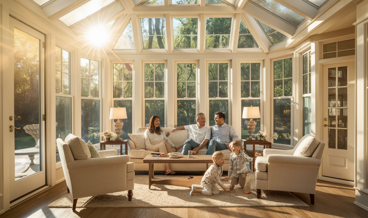 A family enjoying quality time together in a bright and airy sunroom with large windows overlooking a lush outdoor scenery, providing a serene and natural environment for relaxation and bonding.