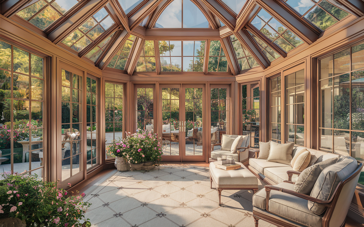 An elegant sunroom with floor-to-ceiling windows showcasing lush garden views, featuring comfortable seating and potted flowers inside. - Mercury Sunrooms Advantages