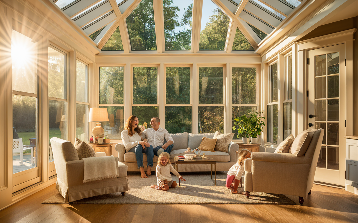 A family of three, with parents sitting on a couch and a young child on the floor, relaxing in a bright and airy sunroom with large windows overlooking lush greenery outside.