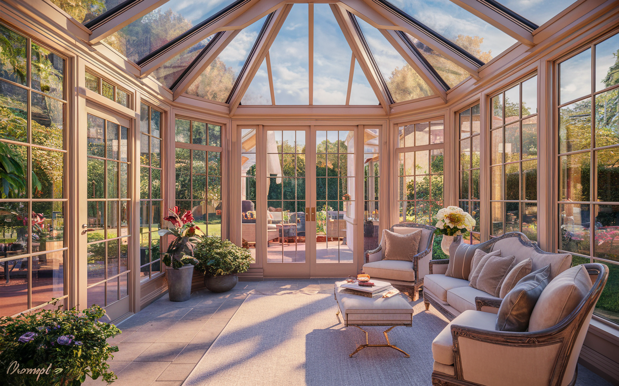 A spacious sunroom with large windows overlooking a lush garden, featuring comfortable seating and a warm, inviting ambiance.