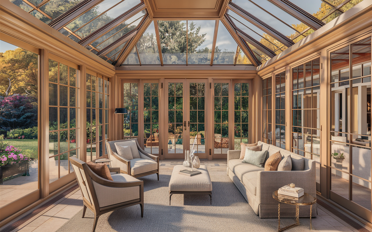 A spacious and elegant sunroom with glass walls and ceilings, providing panoramic views of a lush garden. The sunroom features plush sofas, armchairs, potted plants, and a coffee table, creating a cozy and inviting atmosphere for relaxation and enjoyment of the natural surroundings.