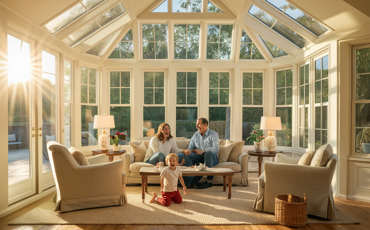 An illustration of a family spending quality time together in a luxurious Mercury sunroom, surrounded by lush plants and natural light. They are lounging on comfortable sofas, reading books, interacting with their pets, and enjoying each other's company in a serene and inviting atmosphere.