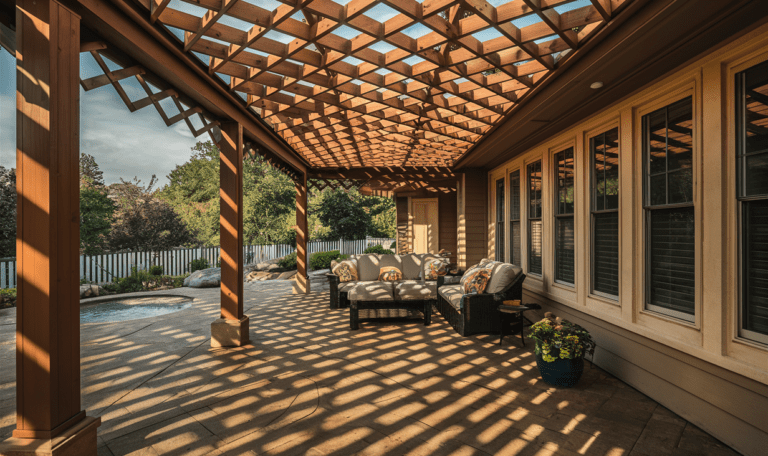 beautiful wooden lattice patio cover sextending over an outdoor seating area with comfortable sofas and a view of the backyard landscaping