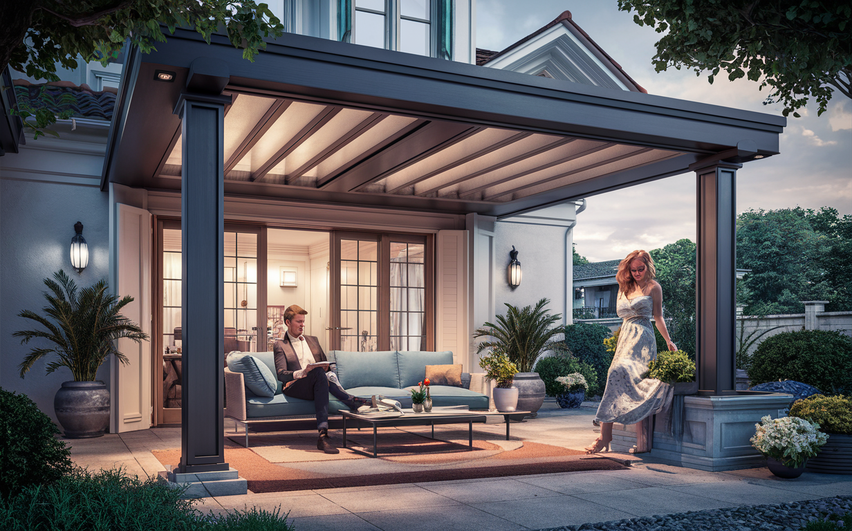 An elegant solid patio cover with a cozy outdoor living area featuring a sofa, armchairs, potted plants, and a well-dressed couple enjoying the space