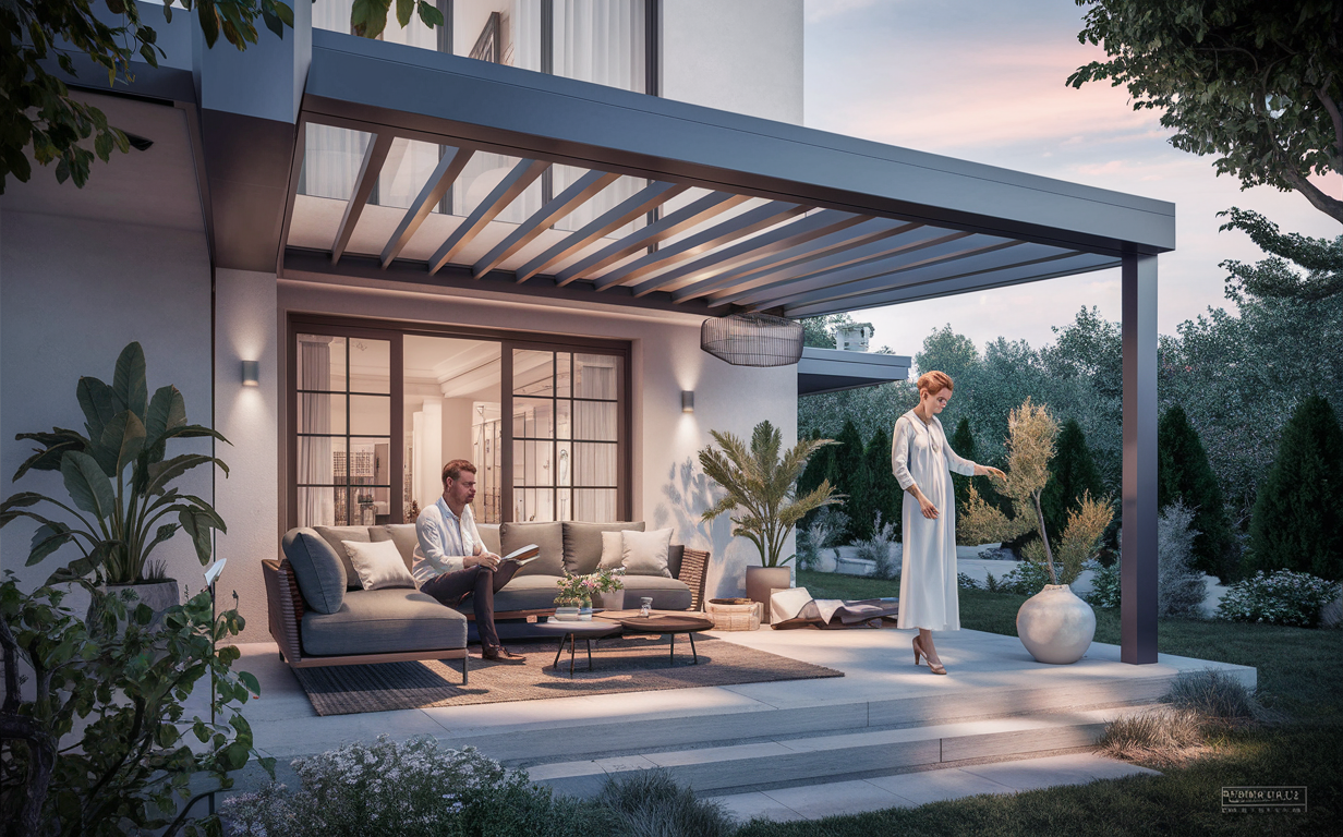 A modern outdoor living area with a sleek wood and metal patio cover, comfortable seating, lush greenery, and a couple relaxing in the evening ambiance.