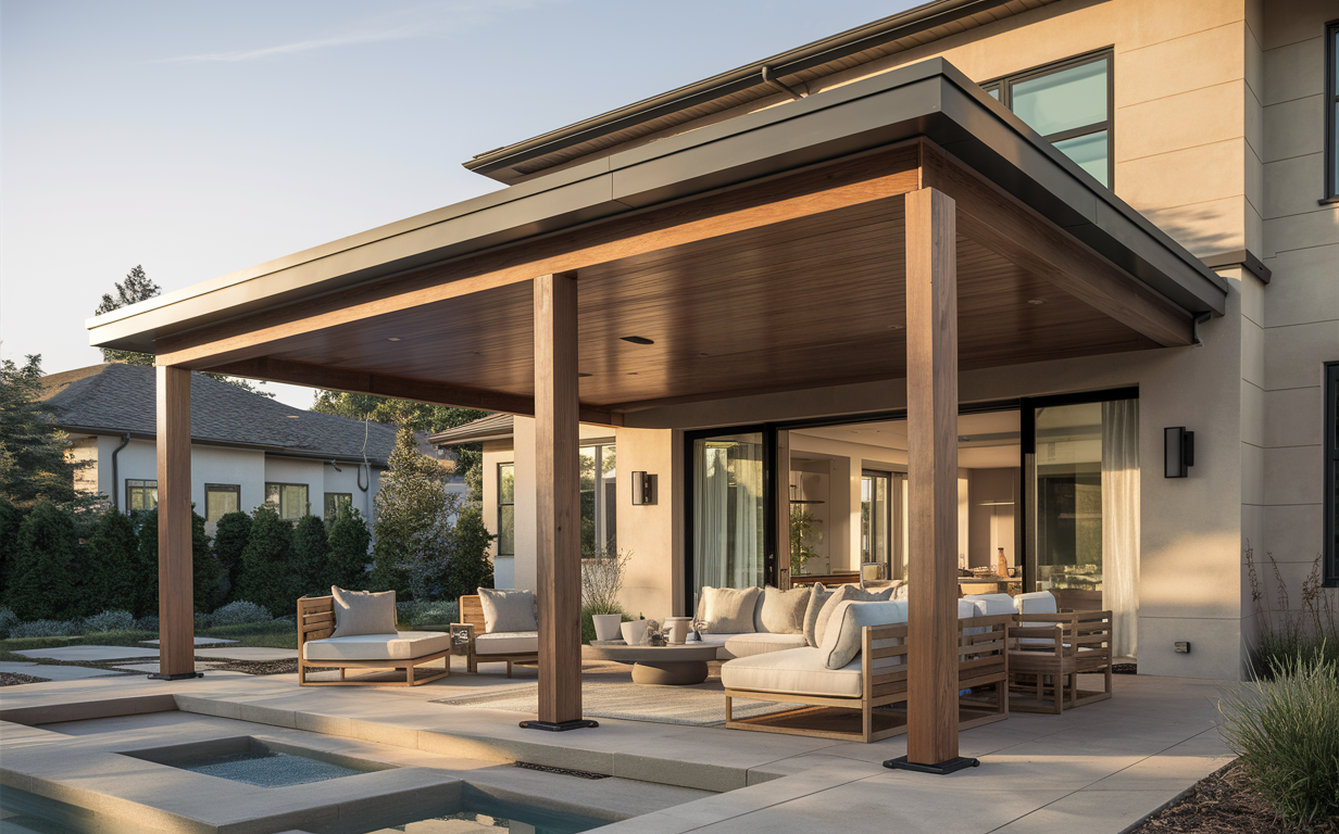 A modern home with a covered patio featuring a wood beam structure, comfortable seating area, and landscaped yard with greenery.