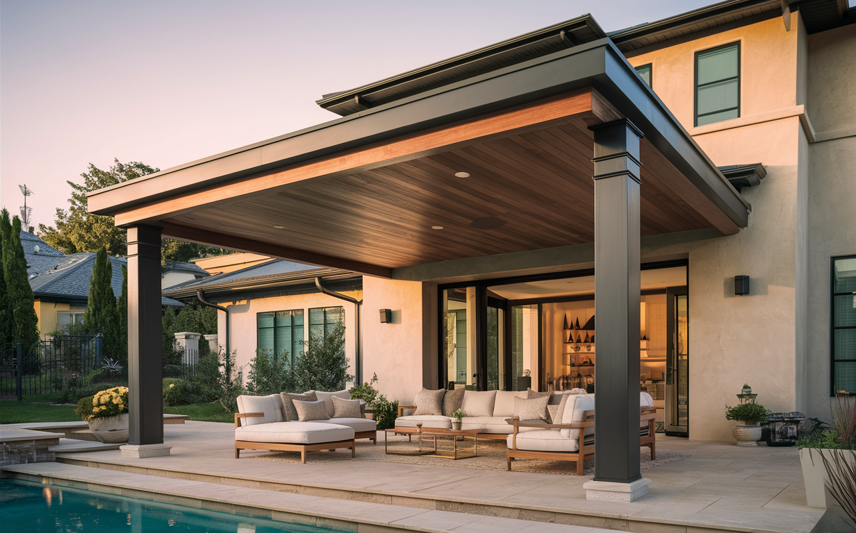 An illustration of a cozy outdoor living area featuring a solid patio cover with exposed wooden beams, surrounded by greenery and furnished with comfortable seating arrangements like sofas and chairs.