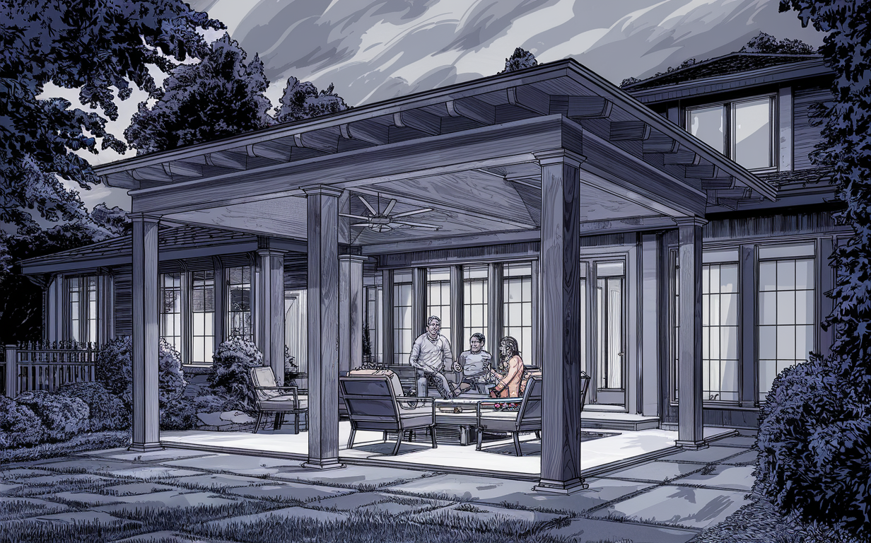 A detailed illustration of a luxurious home with a covered patio area, featuring comfortable outdoor furniture and people relaxing outside, surrounded by lush landscaping.