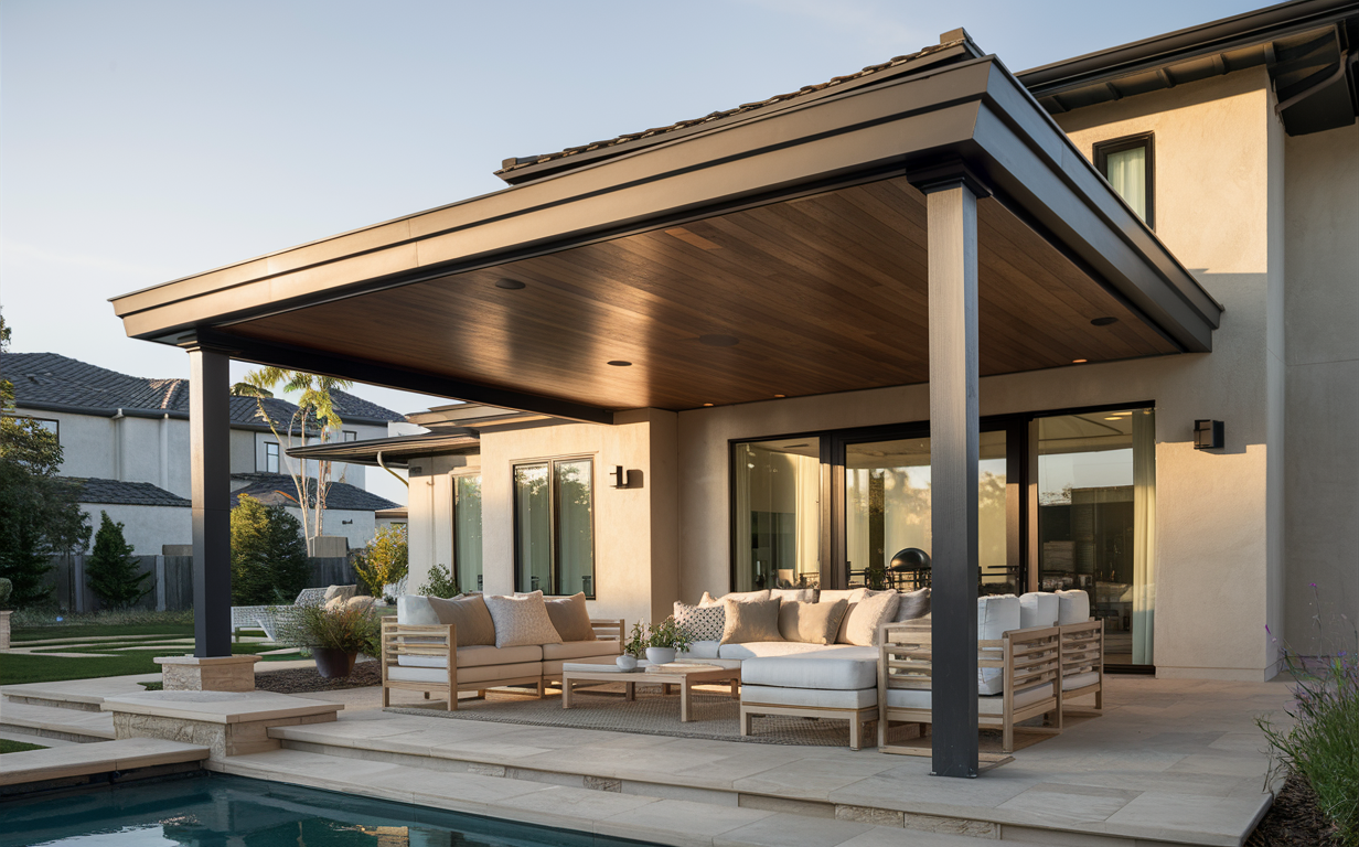 A modern home with a stylish covered patio featuring comfortable seating, a firepit, and a swimming pool in the backyard, creating an inviting outdoor living area