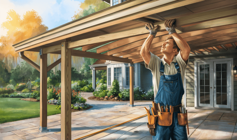 A handyman wearing overalls is working on installing a wooden patio cover outside a residential home with a well-manicured garden and landscaping.