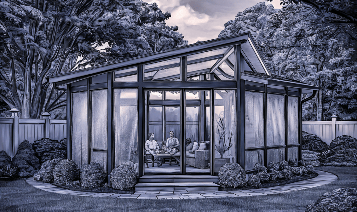 A large glass sunroom or conservatory with a modern design, surrounded by a snowy landscape with evergreen trees, providing a cozy indoor space to enjoy the winter scenery in comfort.