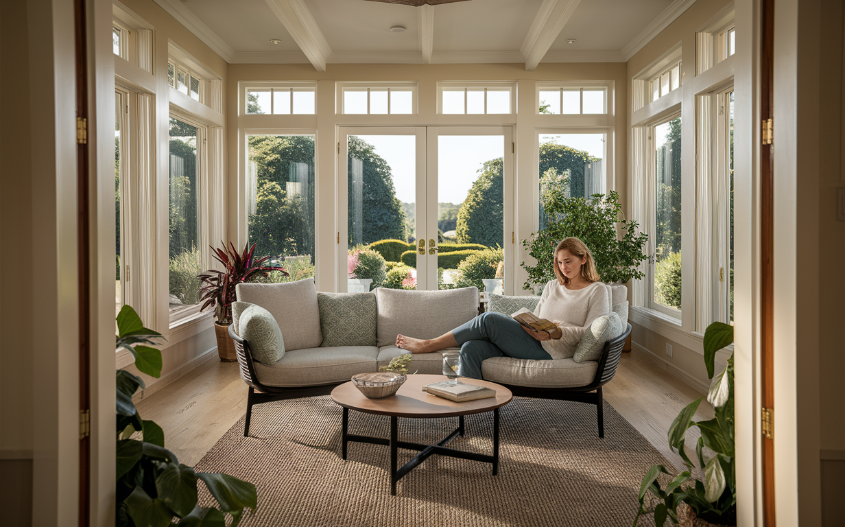 A woman relaxing on a gray couch while reading a book in a bright and airy sunroom with large windows overlooking a lush garden