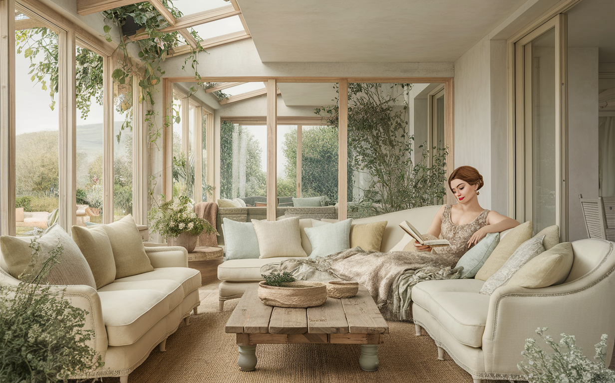 A family of three relaxing in a warm and inviting sunroom surrounded by lush greenery, enjoying quality time together as the autumn scenery outside filters through the large windows.