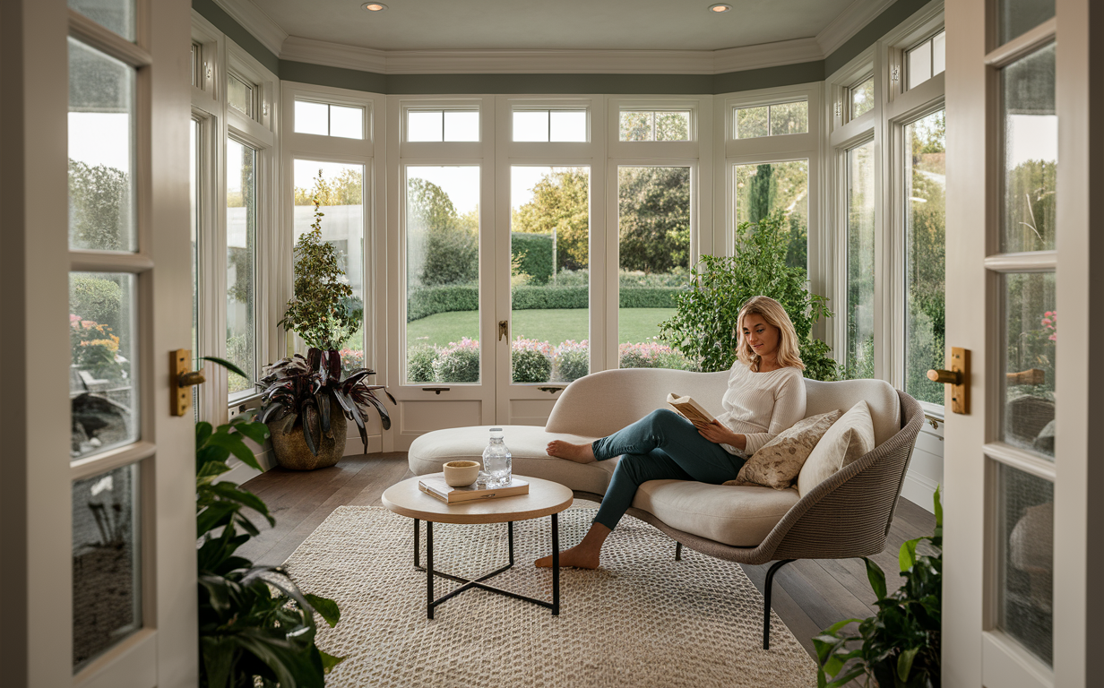 A woman relaxing on a plush sofa in a bright sunroom, surrounded by large windows overlooking a lush garden, reading a book while enjoying the natural light and greenery.