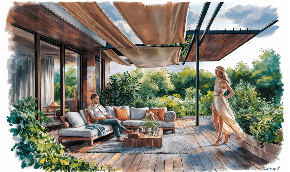 An illustration depicting a modern outdoor living area with a wooden patio cover, featuring a couple relaxing on a couch surrounded by lush greenery and flowers.