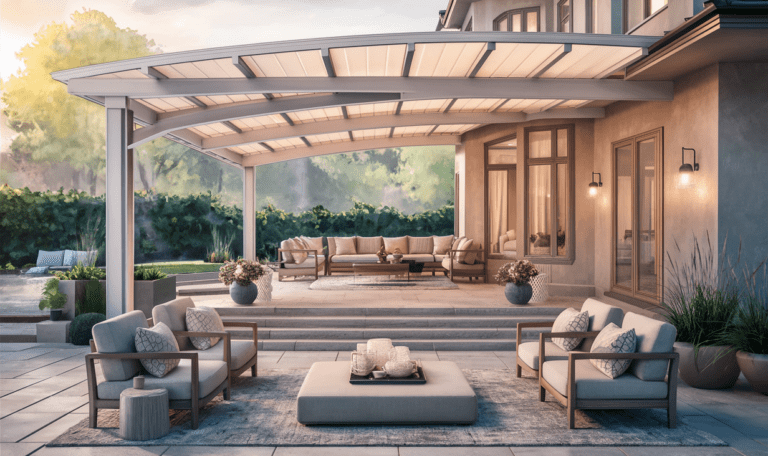 An elegant outdoor living area featuring a modern patio cover, comfortable seating arrangements, decorative planters, and a serene garden backdrop. Sunroom Furniture and Decor Ideas