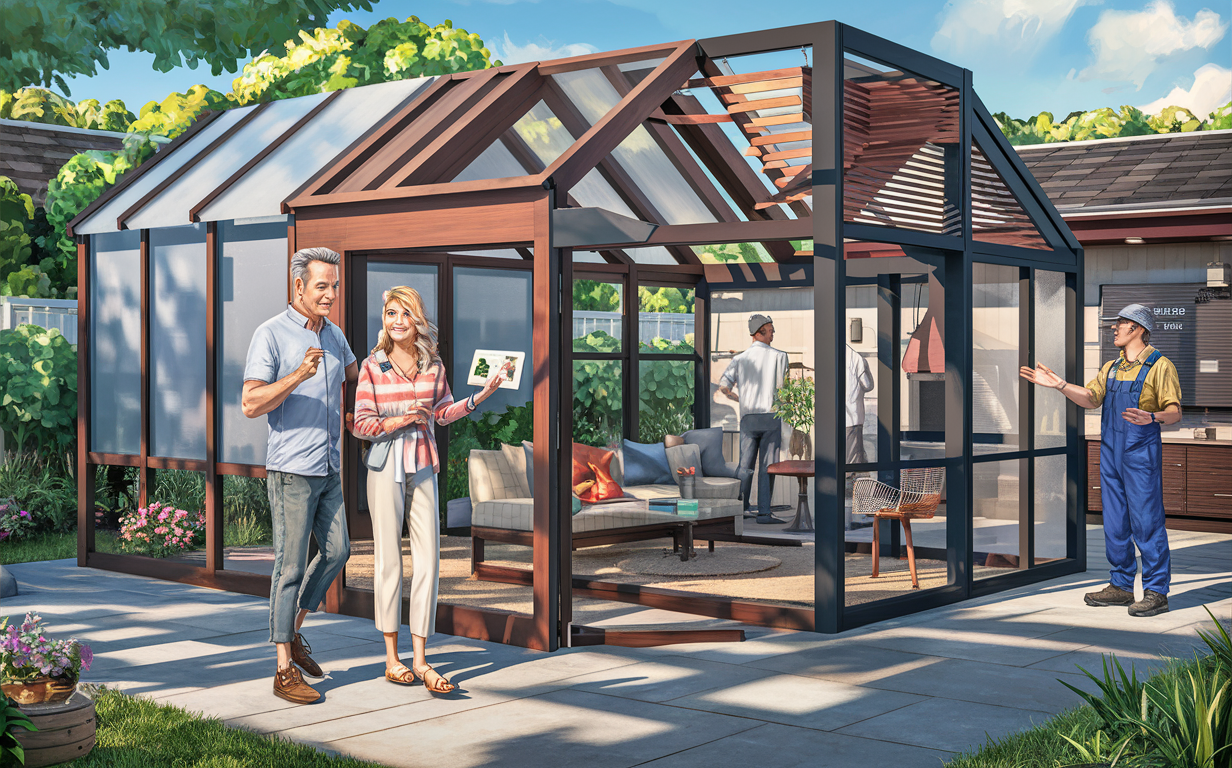 A couple standing outside their home, admiring the large screened patio area with a glass roof and brick accents, surrounded by lush greenery and landscaping.