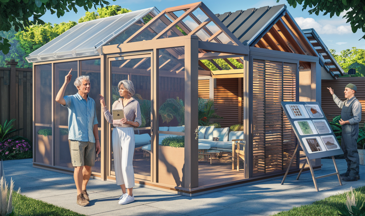 An elderly couple examining a modern screen room display with a sales representative showing various roofing options on an information board. fiberglass screen rooms