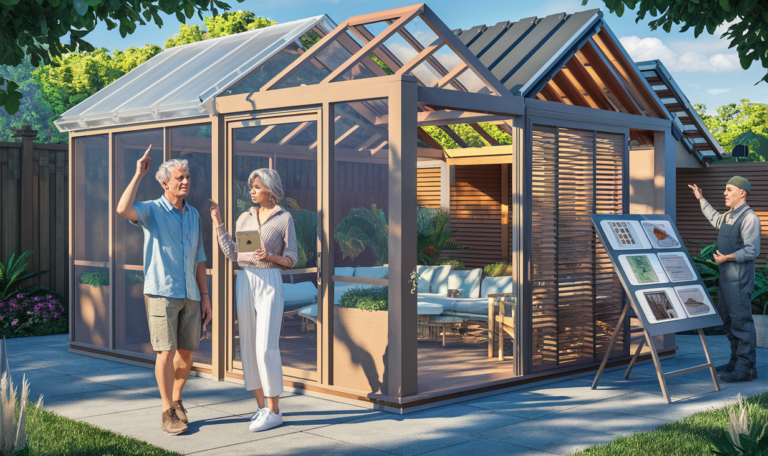 An elderly couple examining a modern screen room display with a sales representative showing various roofing options on an information board. fiberglass screen rooms