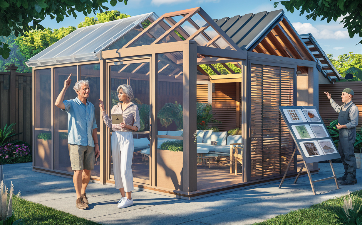 An illustration showing customers consulting with a staff member at a home improvement store, examining various screen room roofing designs and materials on display.