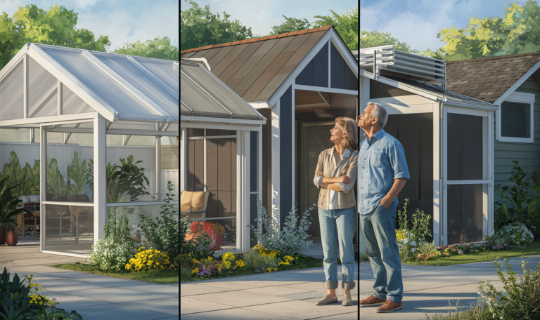 An illustration of an elderly couple embracing while standing in front of their home with various screen room and greenhouse structures featuring different roofing materials like glass, metal, and polycarbonate panels amidst a lush garden setting.