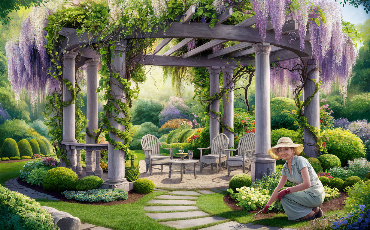 A scenic garden with a wooden pergola covered in cascading purple wisteria blooms, surrounded by lush greenery, flowers, and a woman tending to rose bushes in the foreground