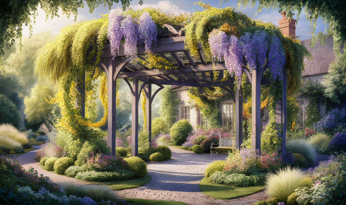 A breathtaking garden scene with a wooden pergola covered in lush yellow and purple climbing plants, leading to a charming cottage surrounded by meticulously manicured gardens and stone pathways.