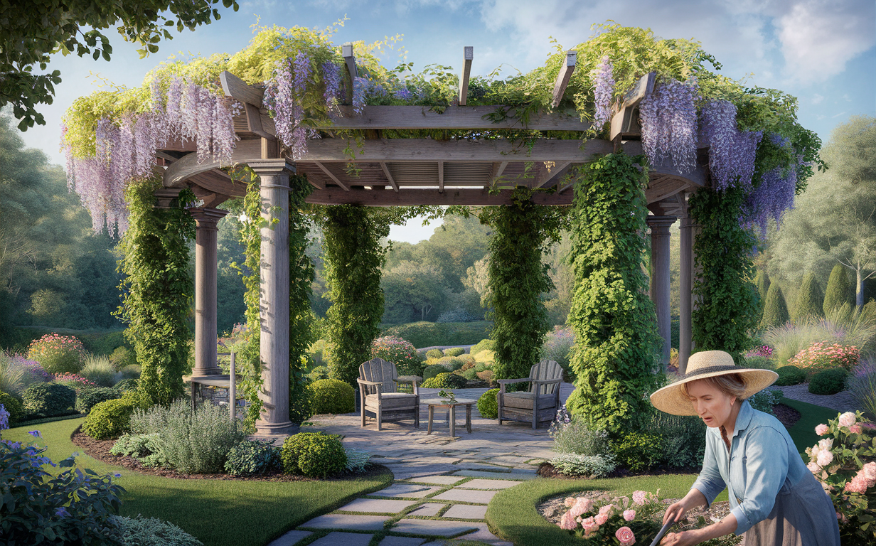 A breathtaking garden scene with a wooden pergola covered in cascading purple wisteria blooms, framing a peaceful seating area surrounded by lush greenery, colorful flowers, and a woman tending to the garden.