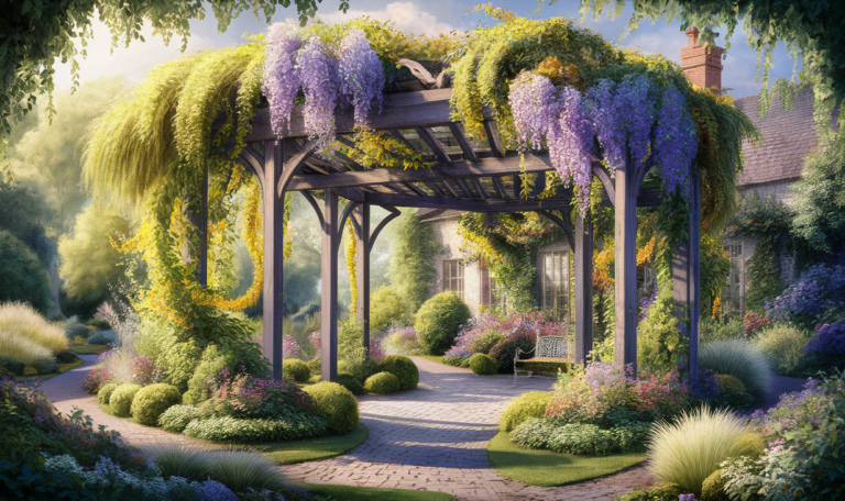 A breathtaking garden scene with a wooden pergola covered in lush yellow and purple climbing plants, leading to a charming cottage surrounded by meticulously manicured gardens and stone pathways.