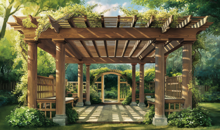 An inviting backyard setting featuring a traditional wooden pergola covered in vines, with comfortable outdoor seating arranged underneath and surrounded by vibrant flowering plants and trees in full autumn colors.