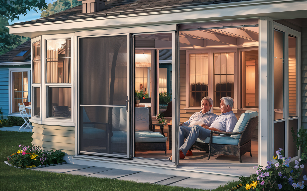 A well-designed screen room addition with large windows and doors, featuring an elderly couple sitting comfortably inside, surrounded by lush greenery and flowers outside.