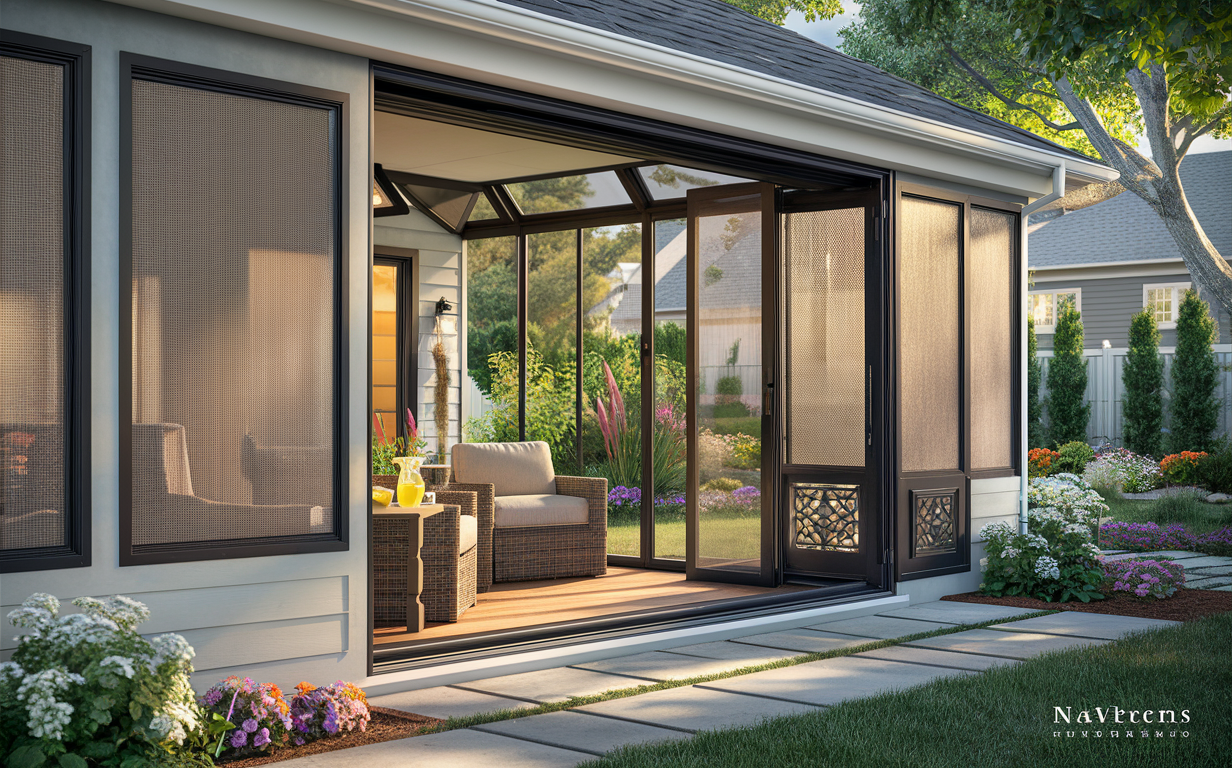 A well-designed outdoor screen room featuring large sliding glass doors, wicker patio furniture, potted plants, and a decorative glass front door with an intricate design, creating an inviting and stylish outdoor living space.