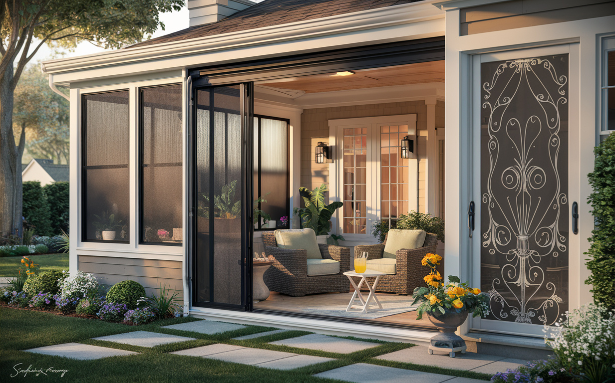 An exterior view of a cozy screened patio with comfortable wicker furniture, decorative French doors, and lush landscaping creating an inviting outdoor living space.