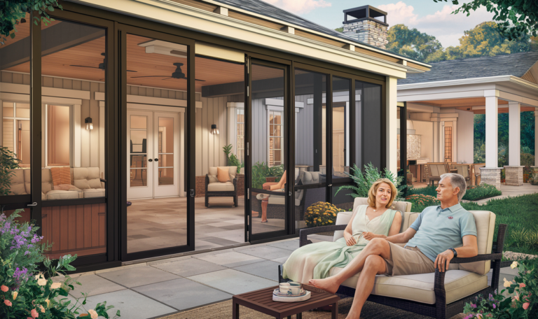 An image showcasing a luxurious outdoor living area with a screen room featuring large glass doors and windows, providing a seamless transition to the patio area where a couple is seated comfortably on a couch enjoying the beautifully landscaped surroundings. Professional Installation and Service