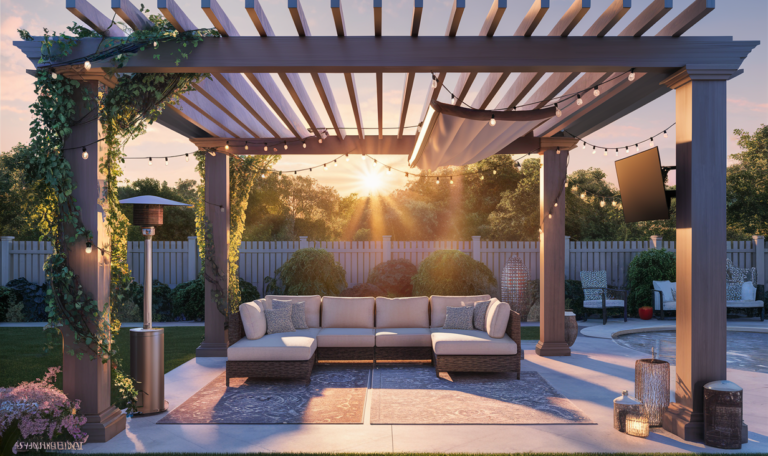 A beautifully designed outdoor living area featuring a wooden pergola with vines and string lights, a plush sectional sofa, accent pillows, a patterned area rug, and decorative elements creating a cozy and inviting ambiance.