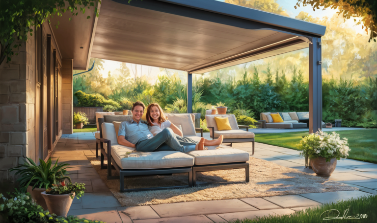 An image showing a smiling couple lounging on outdoor patio furniture under a modern patio cover, surrounded by lush greenery and landscaping in their backyard.