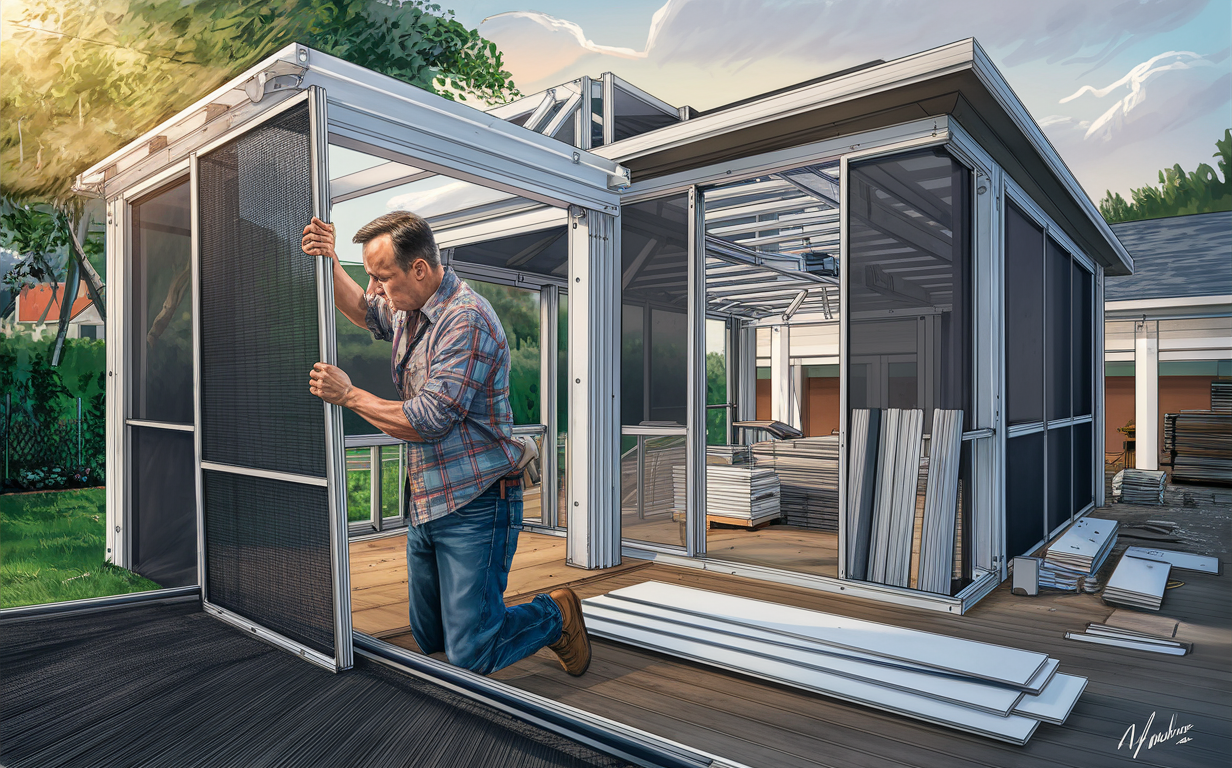 An image depicting a contractor assembling an outdoor screen room, with various construction materials and components surrounding him.