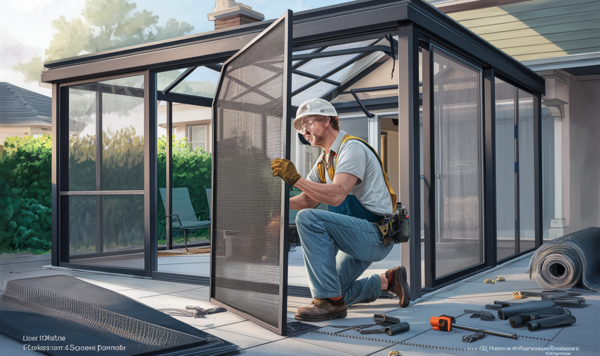 A contractor wearing a hard hat and tool belt is kneeling and working on assembling a screen room enclosure extension attached to a residential home, with tools and supplies laid out on the patio.