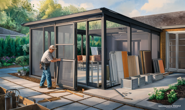 An illustration of a person working on constructing a screen room with various materials like glass panels, wooden frames, and patio furniture arranged nearby.