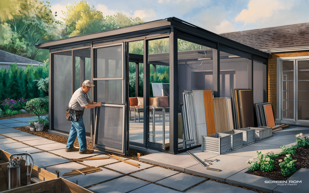 An illustration of a person working on assembling a screen room, showing various materials like glass panels, frames, and tools needed for the construction process.