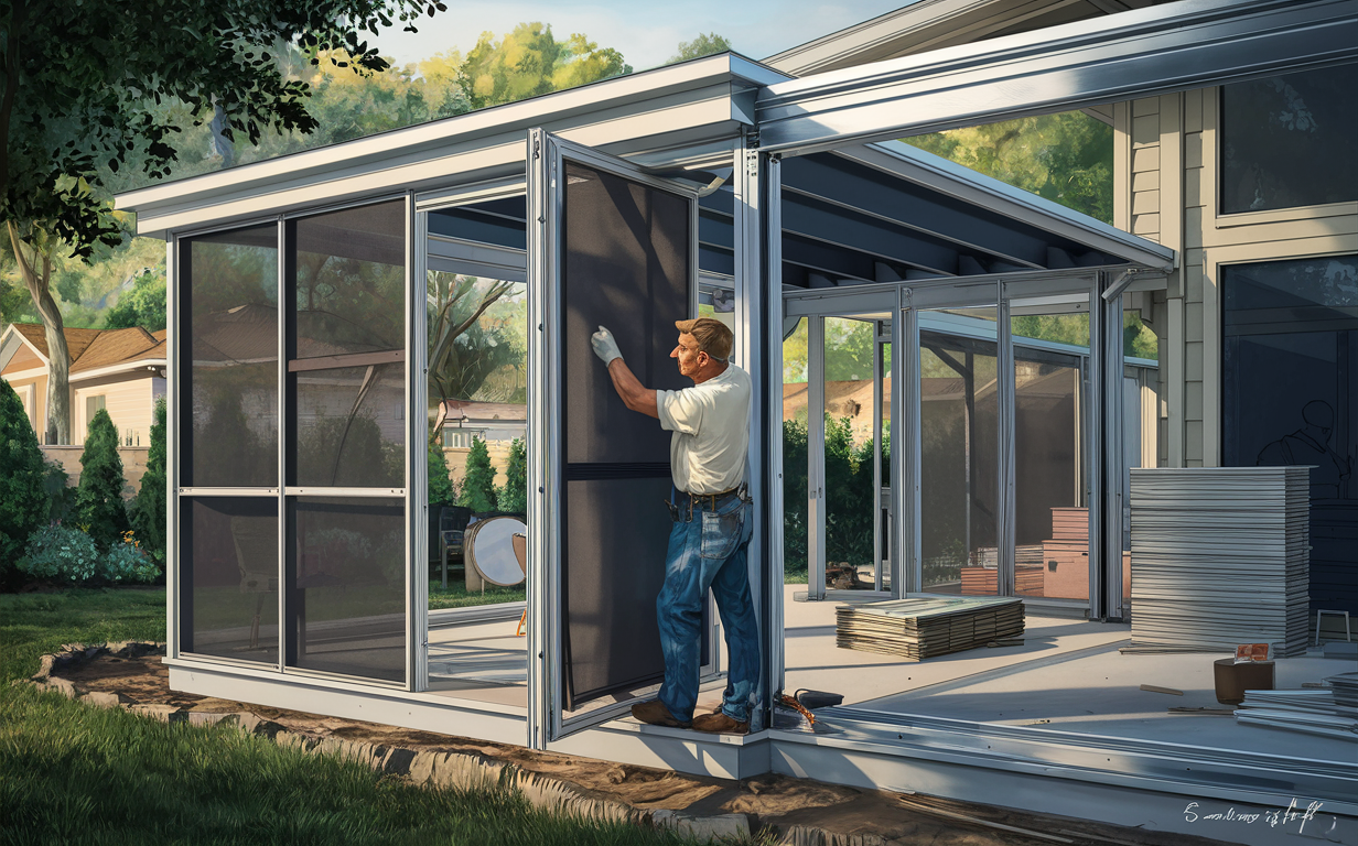 An illustration of a man installing a sleek aluminum-framed screened patio enclosure with a wooden deck overlooking a lush backyard setting.