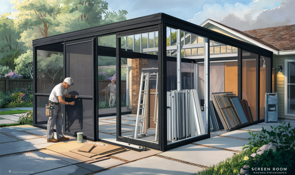 An image showing a construction site for a screen room addition to a residential home. Two workers are visible, one working on the frame and the other holding materials. Stacks of window frames, screens, and other construction materials are piled near the partially built screen room extension.