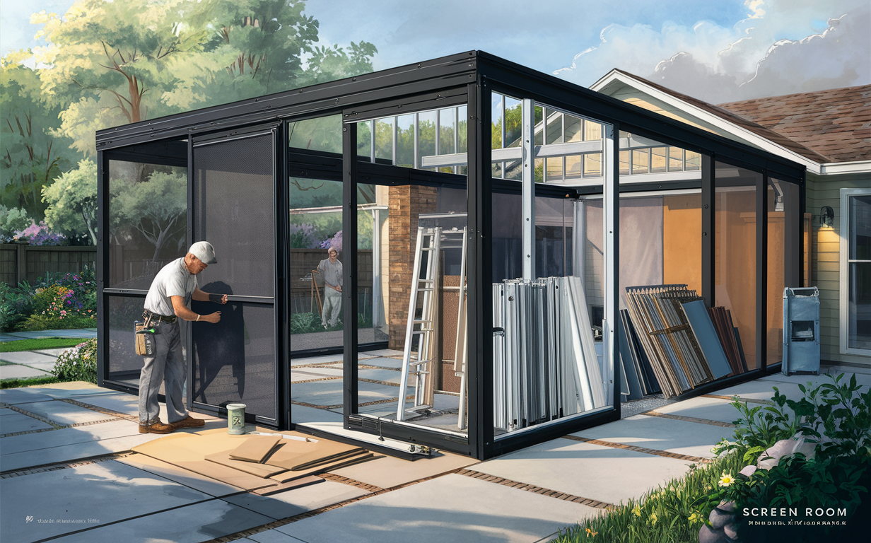 An illustration of a person constructing a screen room addition with glass walls and various materials like screens and frames laid out nearby