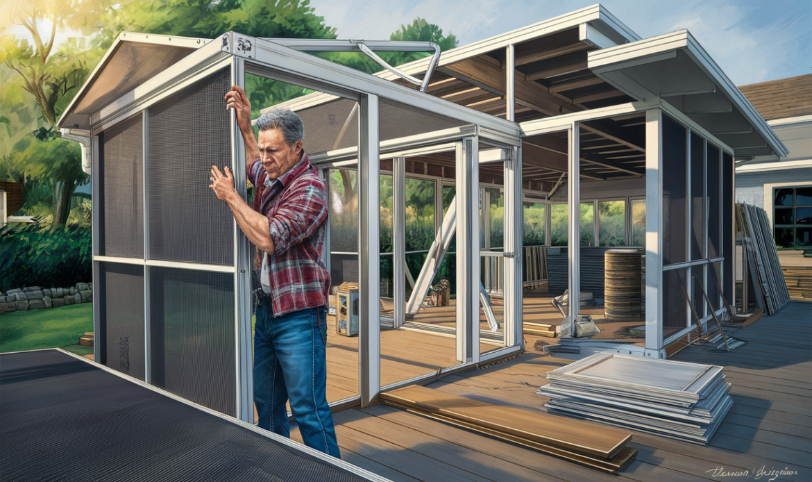 An image depicting a construction site for a screen room, showing a worker installing panels and various materials like glass, screens, and wood beams around the structure. Aluminum and Vinyl Sunroom Frames
