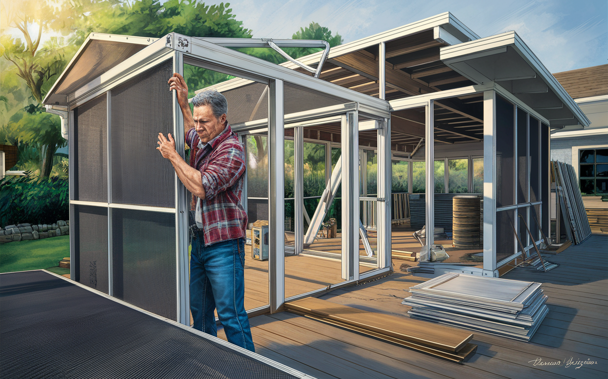 A worker in a white shirt and jeans is installing a glass sunroom or screen room extension on the back of a residential home, surrounded by a lush backyard setting.