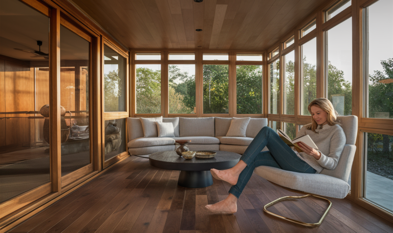 A woman relaxing in a sunroom reading a book, surrounded by large windows overlooking lush greenery outside. The sunroom features wooden framing, a curved sectional sofa, and warm natural lighting.