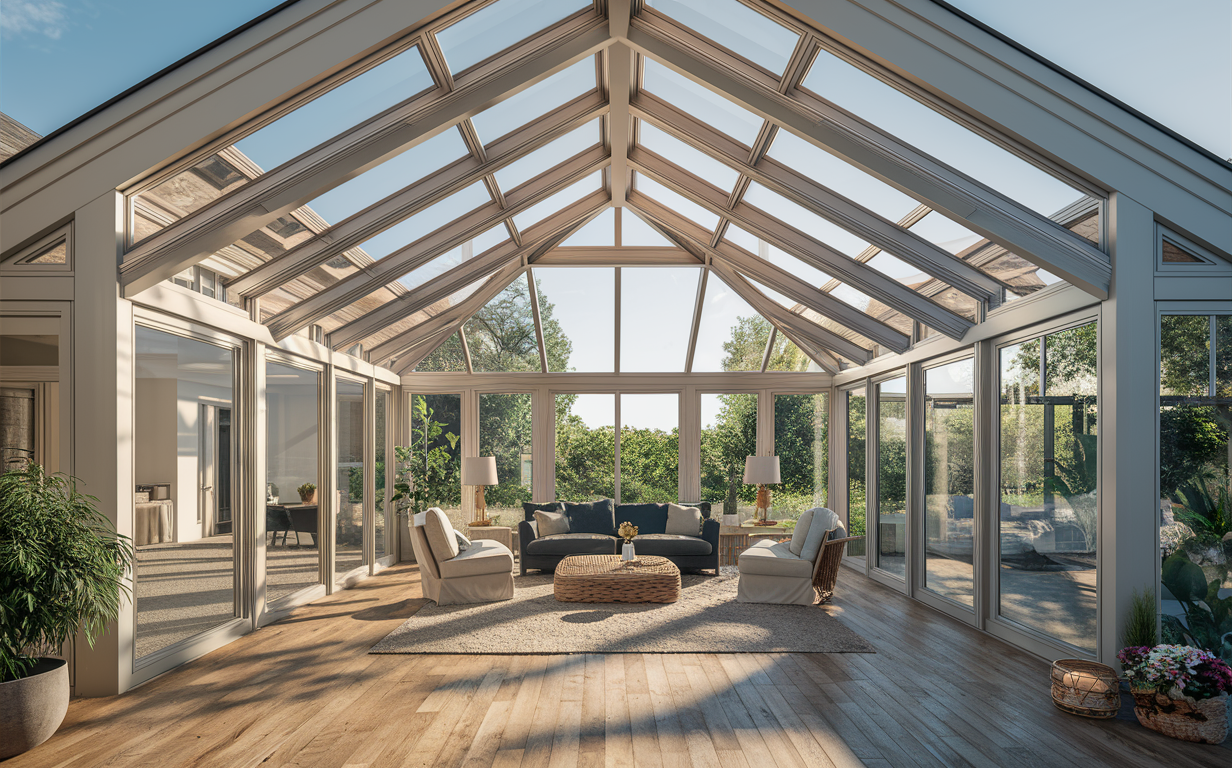 A spacious sunroom with a vaulted glass ceiling, large windows overlooking greenery, and comfortable wicker patio furniture including couches, chairs, and ottomans arranged on a wood deck with potted plants.