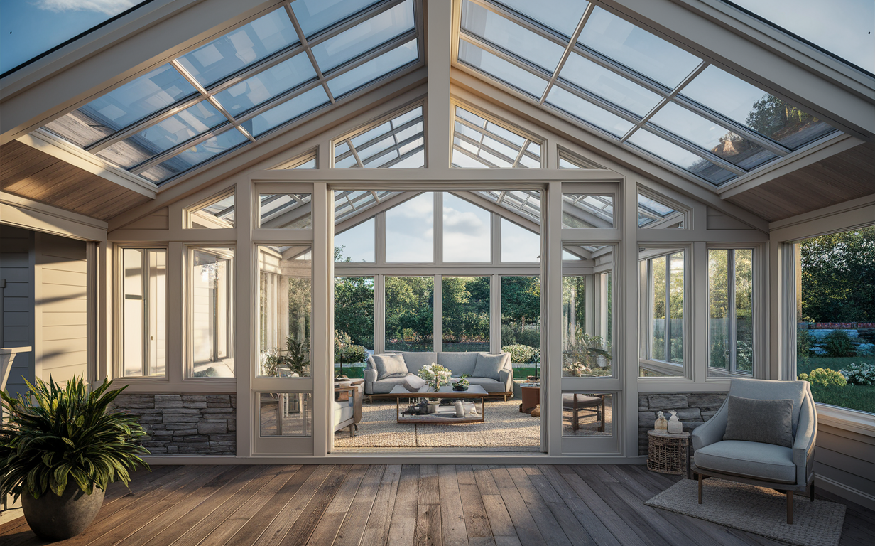 A modern sunroom with large glass windows and doors offering panoramic views of a lush garden. It features a cozy seating area with a gray sofa, chairs, and a coffee table, creating an inviting space for relaxation and enjoying the natural surroundings.