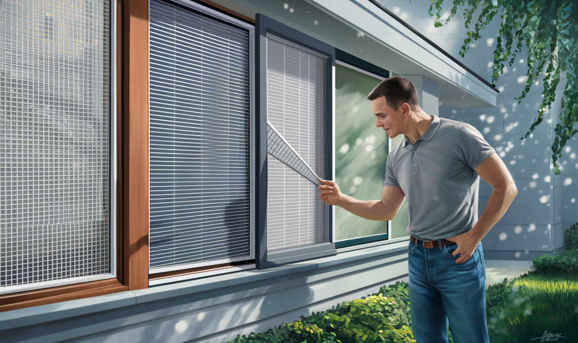 A man installing or inspecting window screens with fiberglass and aluminum mesh on a residential window