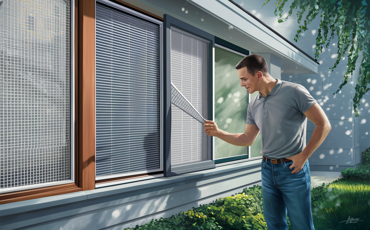 A man installing or inspecting a window screen on a modern home